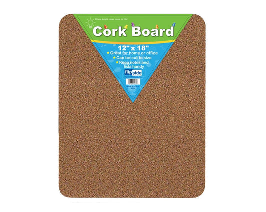 10082 Flip Side Products 12” X 18” Natural Cork Bulletin Board With Self-Healing, Rounded Corners, Cuttable to Size, 12” X 18” X 0.5”, 12 Pieces per Order
