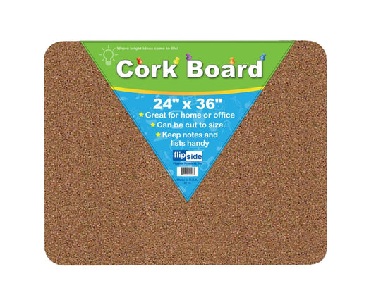 10096 Flip Side Products 24” X 36” Cork Bulletin Board With Self-Healing, Rounded Corners, Cuttable to Size,  24” X 36” X 0.5”, Brown Color, 12 Pieces per Order