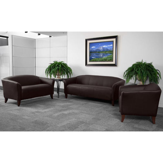 111-SET Flash Furniture Hercules Imperial Series Reception Set In Brown Leathersoft Ideal For Business Offices  Made Of 1.8 High Density Foam, Hardwood Frame Construction And Cherry Stained Wood Feet / 4 Inches Seat Thickness / 5 Count Seating Capacity