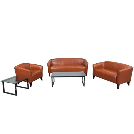 111-SET Flash Furniture Hercules Imperial Series Reception Set In Cognac Leathersoft Ideal For Business Offices Made Of 1.8 High Density Foam, Hardwood Frame Construction And Cherry Stained Wood Feet / 4 Inches Seat Thickness / 5 Count Seating Capacity