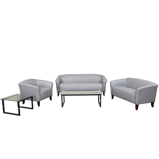 111-SET Flash Furniture Hercules Imperial Series Reception Set In Gray Leathersoft Ideal For Business Offices Made Of 1.8 High Density Foam, Hardwood Frame Construction And Cherry Stained Wood Feet /4 Inches Seat Thickness / 5 Count Seating Capacity