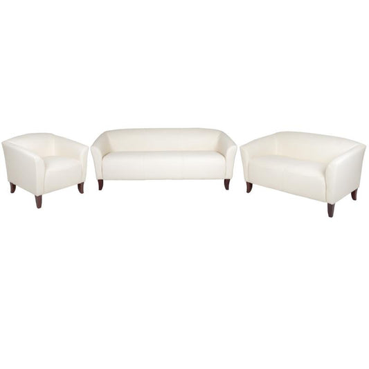 111-SET Flash Furniture Hercules Imperial Series Reception Set In Ivory Leathersoft Ideal For Business Offices Made Of 1.8 High Density Foam, Hardwood Frame Construction And Cherry Stained Wood Feet 4 Inches Seat Thickness / 5 Count Seating Capacity
