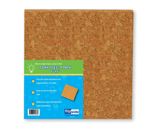 12066 Flip Side Products 6” X 6” Natural Cork Tiles With Self-Healing Cork, Light Mottled Brown, Cuttable to Sizes, Adhesive Tabs Included, 6” X 1/8” X 6”, 24 Packs / Order; 4 Pieces/Pack