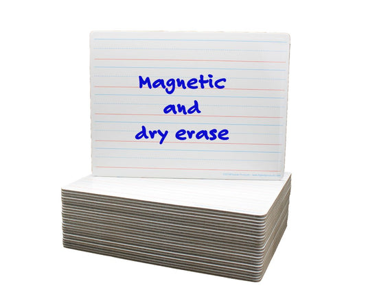 12076 Flip Side Products 9” X 12” High-Quality Two-Sided Magnetic and Ruled Dry Erase Boards With Non-ghosting Write-And-Wipe Surface, Smooth Rounded Edges and Corners, Hardboard Backing, 1 1/8” Each Line Set With 3/8” of Blank Descender, Class Pack of 24