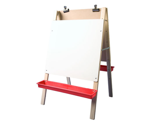 17314 Flip Side Products Child’s Preschool Easel Stand With White Dry Erase Board, Hardboard Panel, Adjustable 6” to 17” Panel, Hinged Legs, Finger Friendly Locking Steel Brackets, Two Large Clips and Two Durable Plastic Paint Trays Included, 40” X 24”