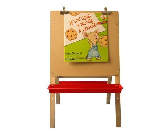 17314 Flip Side Products Child’s Preschool Easel Stand With White Dry Erase Board, Hardboard Panel, Adjustable 6” to 17” Panel, Hinged Legs, Finger Friendly Locking Steel Brackets, Two Large Clips and Two Durable Plastic Paint Trays Included, 40” X 24”