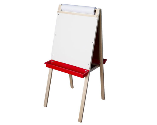 17315 Flip Side Products Child’s Paper Roll Easel Stand With Sturdy Hinged Legs, Extra Center Storage Tray, White Dry Erase Board, Black Alphabetic Chalkboard, 15” 100 Paper Roll, Two Rugged Plastic Trays Included, 44” X 19”
