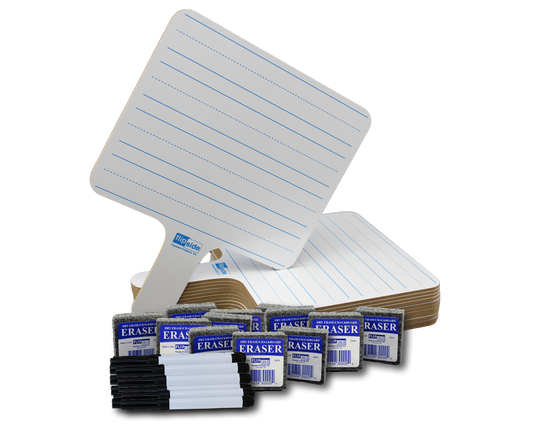 18123 Flip Side Products 7.75” X 10” Two-Sided White Rectangular Dry Erase Writing Paddles With 1/8” Thick Paddles, 4 Handwriting Lines One Side, Blank Dry Erase Other Side, 12 Dry Erase Pens and 12 Erasers Included, Class Pack of 12 Sets