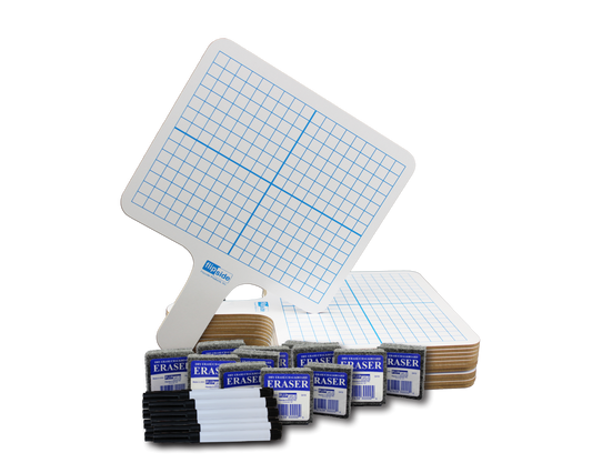 18125 Flip Side Products 1/8” Thick Two Sided Rectangular Dry Erase Graphing Paddles With 3/8” Square Graph One Side and Blank Dry Erase Other Side, Write on and wipe off easily, 12 Dry Erase Pens and 12 Erasers Included, 7.75” X 10”, Class Pack of 12