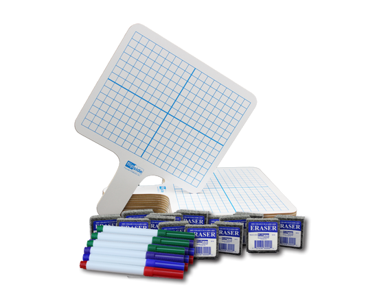 19125 Flip Side Products Two Sided Rectangular Dry Erase Graphing Paddles With Graph Lines One Side and Blank Dry Erase Other Side, Writes and Wipes off Easily, 12 Colored Pens and 12 Erasers Included, 7.75” X 10”, Set of 12 Paddles