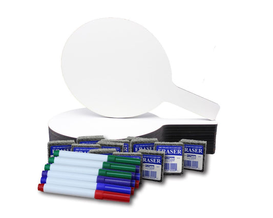 19232 Flip Side Products 7” X 12” Dry Erase Answer Oval Paddle With Non-ghosting Dry Erase Surface, Easy-Grasp Handles, Smooth Rounded Edges, 12 Colored Pens and 12 Felt Erasers Included, 7” X 12” X 0.25”, Class Pack of 12 Sets