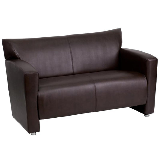 222-2-BN-GG Flash Furniture Hercules Majesty Series Brown Leathersoft Loveseat Ideal For Business Offices Made Of 1.8 High Density Foam, Hardwood Frame Construction And Brushed Aluminum Feet / 4 Inches Seat Thickness / 2 Seating Capacity