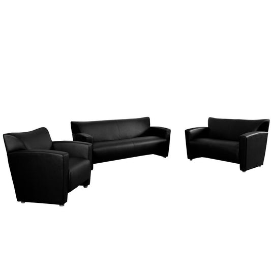 222-SET Flash Furniture Hercules Majesty Series Reception Set In Black Leathersoft Ideal For Business Offices Features 1.8 High Density Foam Made Of Hardwood Frame Construction And Brushed Aluminum Feet /4 Inches Seat Thickness / 5 Seating Capacity