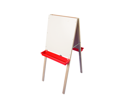17307 Flip Side Products Child’s Double Easel Stand With Solid Wood Construction, Lead-Free Chalkboard, White Dry-Erase Board, 15” 100 Paper Roll, Two Durable Plastic Trays Included, 44” X 19”