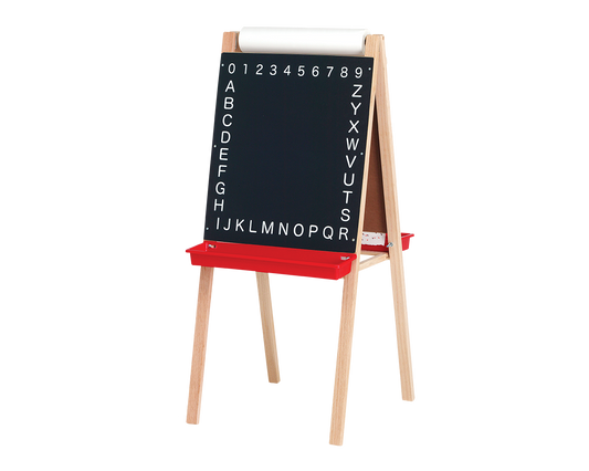 17315 Flip Side Products Child’s Paper Roll Easel Stand With Sturdy Hinged Legs, Extra Center Storage Tray, White Dry Erase Board, Black Alphabetic Chalkboard, 15” 100 Paper Roll, Two Rugged Plastic Trays Included, 44” X 19”