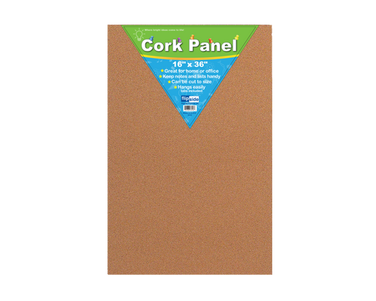 37016 Flip Side Products 16” X 36” Cork Panel Board With Self-Healing, Rounded Cork Wrap Long Edges, Cuttable to Size, 12.5” X 26” X 0.5”, Brown Color, Adhesive Tabs Included, 12 Pieces per Order