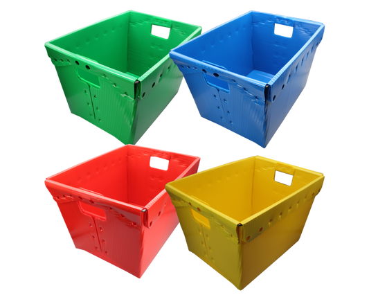 40192 Flip Side Products Primary Assorted Plastic Storage Postal Tote With Durable Corrugated Plastic, Lightweight, 11 Us Gallons, Reinforced Wire Rim, Wrapped Hand Holes, Lid Sold Separately, Shipped Pre-assembled, 18.25” X 13.25” X 11.6”, Pack of 4
