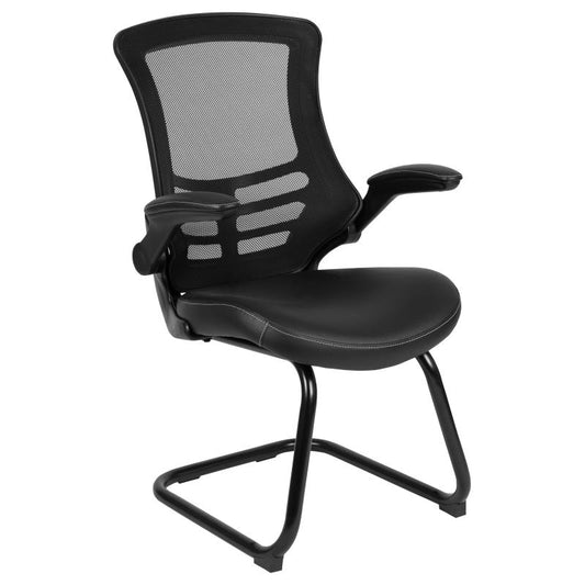 BL-X-5C Flash Furniture Black Mesh Sled Base Side Reception Chair With White Stitched Leathersoft Seat And Flip-up Arms Ideal For Business Offices Made Of Black Metal Cantilever Base/ 3 Inches Seat Thickness / 250 lbs Weight Capacity