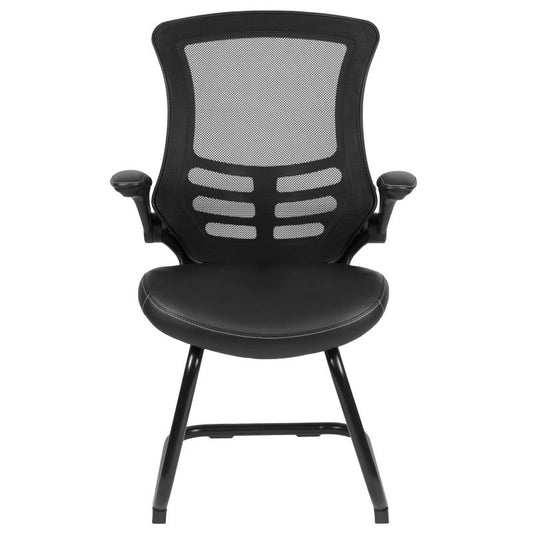 BL-X-5C Flash Furniture Black Mesh Sled Base Side Reception Chair With White Stitched Leathersoft Seat And Flip-up Arms Ideal For Business Offices Made Of Black Metal Cantilever Base/ 3 Inches Seat Thickness / 250 lbs Weight Capacity