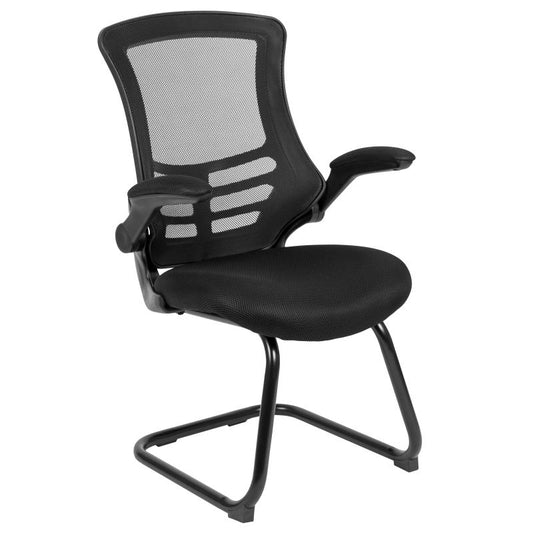 BL-X-5C-GG Flash Furniture Black Mesh Sled Base Side Reception Chair With Flip-up Arms Ideal For Business Offices Features White Stitch Accent On Seat And Arms / 3 Inches Seat Thickness / 250 Lbs Weight Capacity