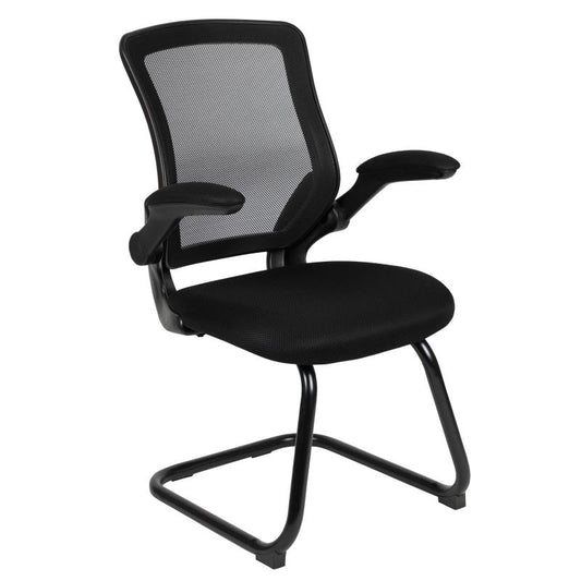 BL-ZP-8805C Flash Furniture Black Mesh Sled Base Side Reception Chair With Flip-up Arms Ideal For Business Offices Features Waterfall Seat Reduces Pressure On Your Legs / 3 Inches Seat Thickness / 250 Lbs Weight Capacity
