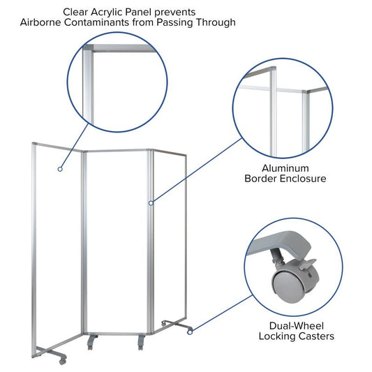 BR-PTT001 Flash Furniture Transparent Acrylic Mobile Partition With Lockable Casters, 72"H X 24"L (3 Sections Included) For Commercial Use Made Of Acrylic Panel Prevents Airborne Contaminants From Passing Through /23.75"W x 2.625"D x 71.125"H Folded Size
