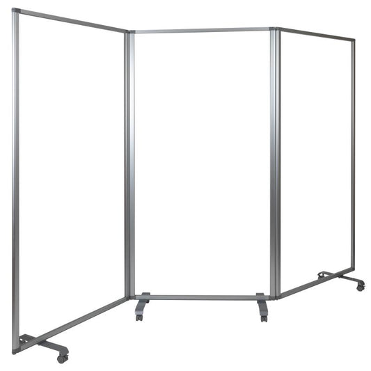 BR-PTT001 Flash Furniture Transparent Acrylic Mobile Partition With Lockable Casters,72"H X 36"L (3 Sections Included) For Commercial Use Features Acrylic Panel Prevents Airborne Contaminants From Passing Through /35.375"W x 2.625"D x 72.125"H Folded Size