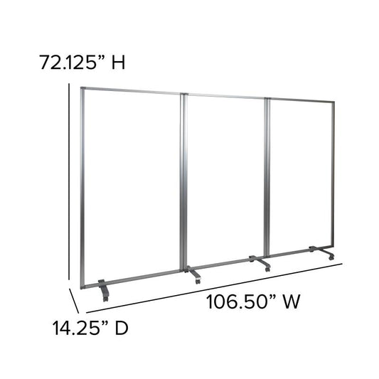 BR-PTT001 Flash Furniture Transparent Acrylic Mobile Partition With Lockable Casters,72"H X 36"L (3 Sections Included) For Commercial Use Features Acrylic Panel Prevents Airborne Contaminants From Passing Through /35.375"W x 2.625"D x 72.125"H Folded Size