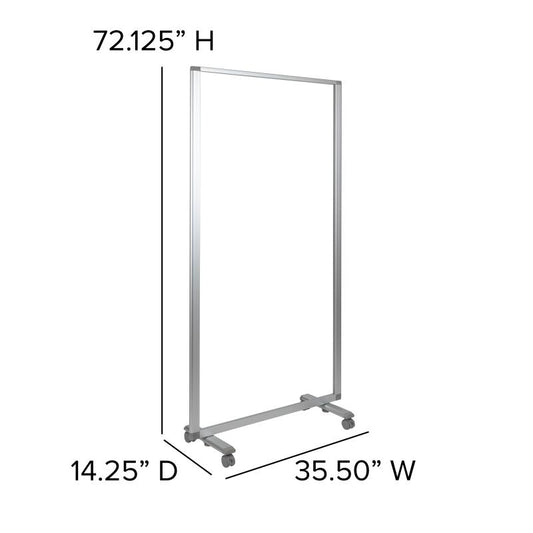 BR-PTT002 Flash Furniture Transparent Acrylic Mobile Partition With Lockable Casters (72"H X 36"L) Use For Schools And Funtion Halls Features Acrylic Panel Prevents Airborne Contaminants From Passing Through / 2W x 3.5H x 30W