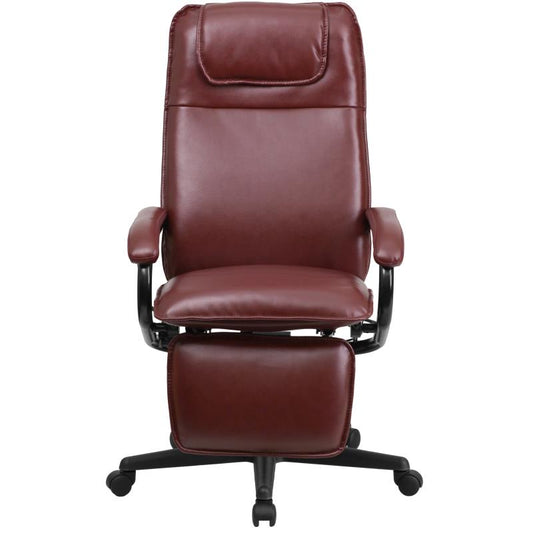 BT-70172 Flash Furniture High Back Burgundy Leathersoft Executive Reclining Ergonomic Swivel Office Chair With Arms Designed For Commercial Use Features Heavy Duty Nylon Base And Dual Wheel Casters / 2 Inches Seat Thickness