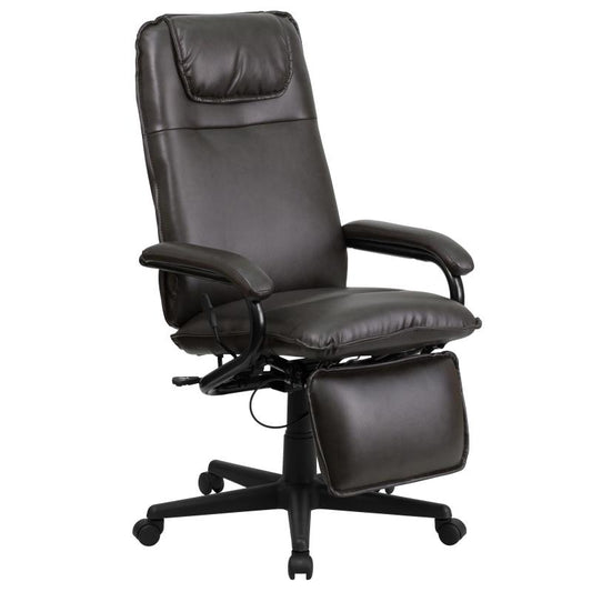 BT-70172 Flash Furniture High Back Brown Leathersoft Executive Reclining Ergonomic Swivel Office Chair With Arms Designed For Commercial Use Features Heavy Duty Nylon Base And Dual Wheel Casters / 2 Inches Seat Thickness