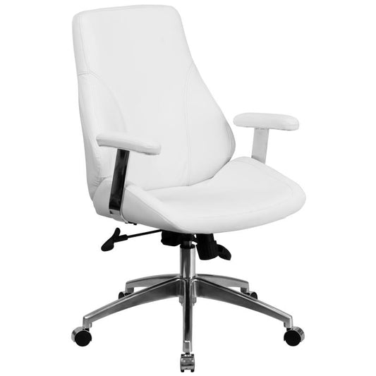 BT-90068M Flash Furniture Mid-Back White Leathersoft Smooth Upholstered Executive Swivel Office Chair With Arms Designed For Commercial Use Features Back And Seat In Unison For A Comfortable Seating Position  / 2 Inches Seat Thickness