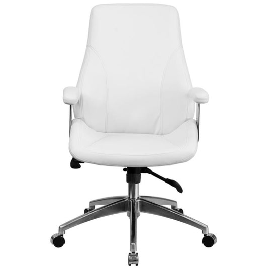 BT-90068M Flash Furniture Mid-Back White Leathersoft Smooth Upholstered Executive Swivel Office Chair With Arms Designed For Commercial Use Features Back And Seat In Unison For A Comfortable Seating Position  / 2 Inches Seat Thickness