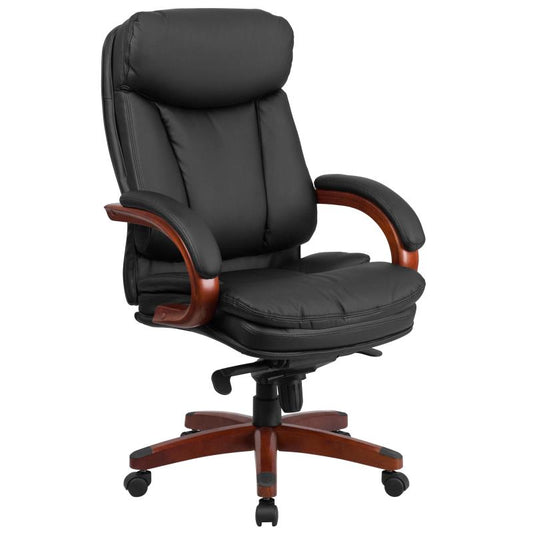 BT-90171H Flash Furniture High Back Black Leathersoft Executive Ergonomic Office Chair With Synchro-tilt Mechanism (Mahogany Wood Base &  Arms) Designed For Commercial Use Built-in Lumbar Support, 360 Degrees Swivel / 250 Lbs Weight Capacity