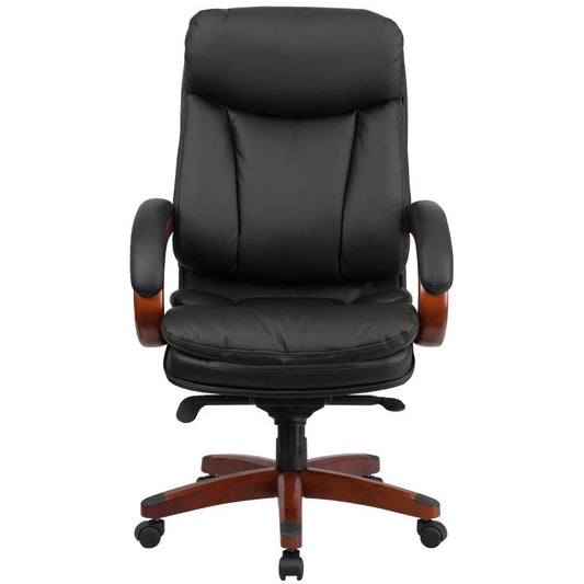 BT-90171H Flash Furniture High Back Black Leathersoft Executive Ergonomic Office Chair With Synchro-tilt Mechanism (Mahogany Wood Base &  Arms) Designed For Commercial Use Built-in Lumbar Support, 360 Degrees Swivel / 250 Lbs Weight Capacity