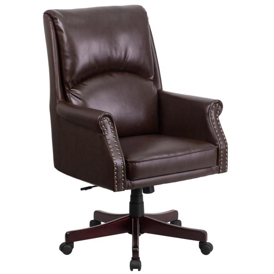 BT-9025H-2 Flash Furniture High Back Pillow Back Brown LeatherSoft Executive Swivel Office Chair With Arms Designed For Commercial Use Features Pneumatic Seat Height Adjustment  / Inches Seat Thickness / 250 Lbs Weight Capacity