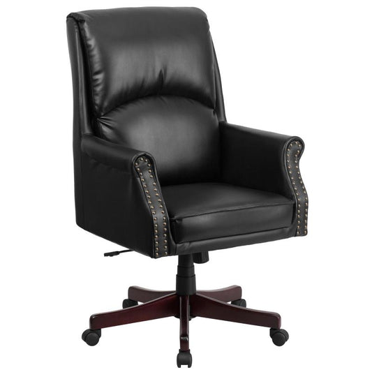 BT-9025H-2 Flash Furniture High Back Pillow Back Black Leathersoft Executive Swivel Office Chair With Arms Designed For Commercial Use Features Pneumatic Seat Height Adjustment / 360 Degrees Swivel / 250 Lbs Weight Capacity