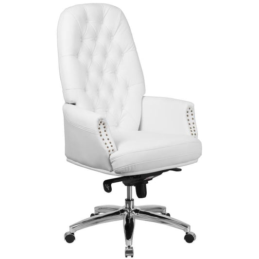 BT-90269H Flash Furniture High Back Traditional Tufted White Leathersoft Multifunction Executive Swivel Ergonomic Office Chair With Arms Designed For Commercial Use Features Double Paddle Control Mechanism,250 Lbs Capacity / 22.5W x 18.5D