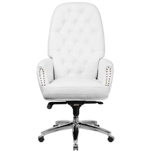 BT-90269H Flash Furniture High Back Traditional Tufted White Leathersoft Multifunction Executive Swivel Ergonomic Office Chair With Arms Designed For Commercial Use Features Double Paddle Control Mechanism,250 Lbs Capacity / 22.5W x 18.5D
