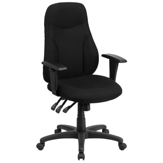 BT-90297H-A Flash Furniture High Back Black Fabric Multifunction Swivel Ergonomic Task Office Chair With Adjustable Arms Designed For Commercial Use Features Built-in Lumbar Support, Contoured Back, Seat & Height / 250 Lbs Capacity