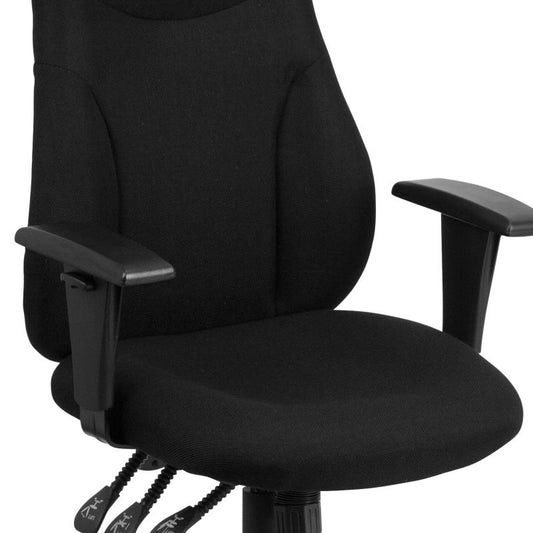 BT-90297H-A Flash Furniture High Back Black Fabric Multifunction Swivel Ergonomic Task Office Chair With Adjustable Arms Designed For Commercial Use Features Built-in Lumbar Support, Contoured Back, Seat & Height / 250 Lbs Capacity