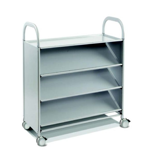 Sset0244 Gratnells Callero Plus Tilting Shelf Cart In Silver For Educational Storage Use Designed With Tilted Trays For Easy Display Of Contents And Easy Access To Contents, With Castors And Brakes For Stability - Dimensions: 27.2 × 16.9 × 41.5 In
