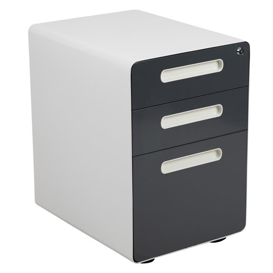 HZ-AP535-02 Flash Furniture Ergonomic 3-Drawer Mobile Locking Filing Cabinet With Anti-tilt Mechanism & Letter/legal Drawer( White With Charcoal Faceplate) Designed To Fit Under Most Tables And Desks, 250 Lbs Weight Capacity