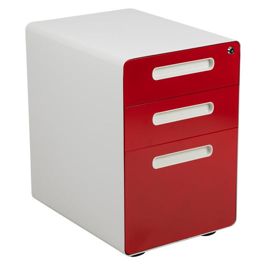 HZ-AP535-02 Flash Furniture Ergonomic 3-Drawer Mobile Locking Filing Cabinet With Anti-tilt Mechanism & Letter/legal Drawer (White With Red Faceplate)designed To Fit Under Most Tables And Desks / 250 Lbs Weight Capacity