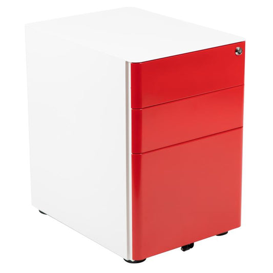 HZ-CHPL-02 Flash Furniture Modern 3-drawer Mobile Locking Filing Cabinet With Anti-tilt Mechanism & Letter/legal Drawer (Color White With Red Faceplate) Designed To Fit Under Most Tables And Desks / 250 Lbs Weight Capacity,13"W x 18.75"D x 11.5"H