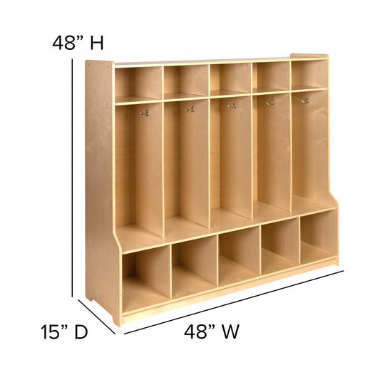 MK-LCKR001-GG Flash Furniture Wooden 5 Section School Coat Locker With Bench, Cubbies, And Storage Organizer Hook-safe, Kid Friendly Design -(Natural) For Commercial Or Home Use With 50 Lbs Shelf Weight Capacity / 48W x 15D x 48H