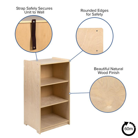 MK-STRG001-GG Flash Furniture Wooden 3 Section School Classroom Storage Cabinet - Safe, Kid Friendly Design - 36"H (Natural) For Commercial Or Home Use  With 50 Lbs Shelf Weight Capacity /  18W x15D x 36H