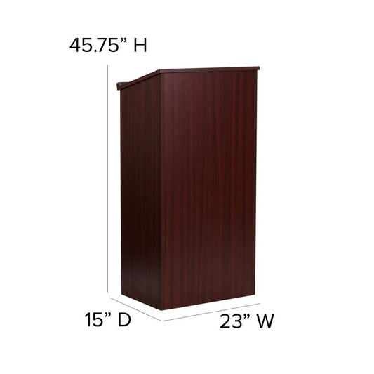 MT-M8830-LECT Flash Furniture Stand-up Wood Lectern In Mahogany Use For Schools And Funtion Halls Features 23"W Slanted Surface With Ledge Pencil Slot On Table Surface / 20.75"W x 13.5"D Adjustable Shelf