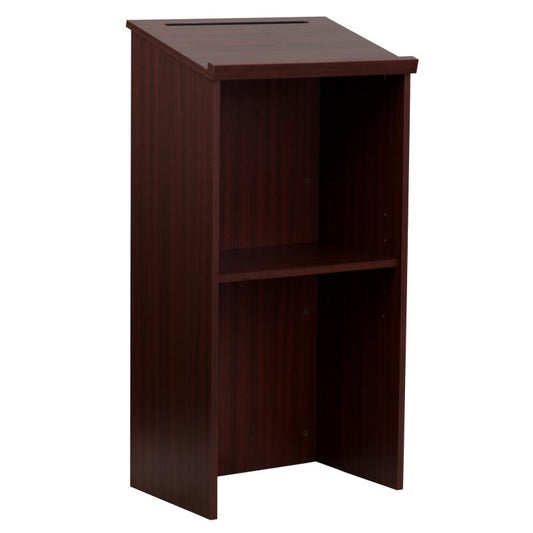 MT-M8830-LECT Flash Furniture Stand-up Wood Lectern In Mahogany Use For Schools And Funtion Halls Features 23"W Slanted Surface With Ledge Pencil Slot On Table Surface / 20.75"W x 13.5"D Adjustable Shelf