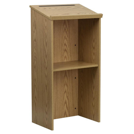 MT-M8830-LECT Flash Furniture Stand-up Wood Lectern In Oak Use For Schools And Funtion Halls Features  23"W Slanted Surface With Ledge Pencil Slot On Table Surface / 20.75"W x 13.5"D  Adjustable Shelf
